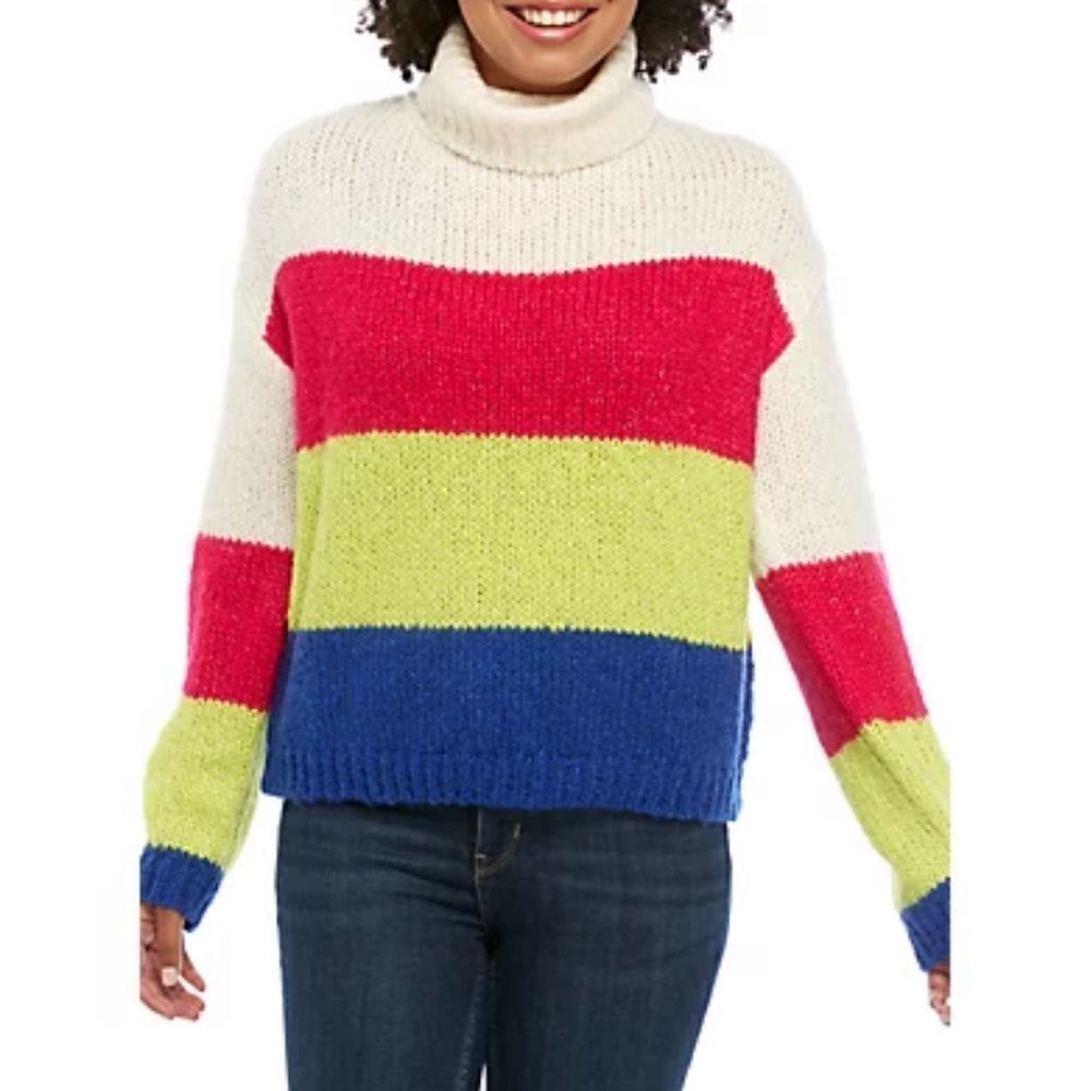 Polly & Esther Juniors Size Large Women’s Turtleneck Color Block Knit Sweater